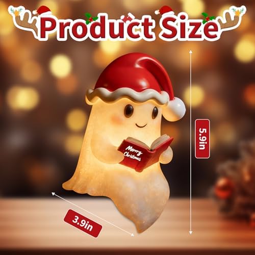 QETRABONE Christmas Ghost Reading Book Lamp, Cute Ghost Figurine Statue