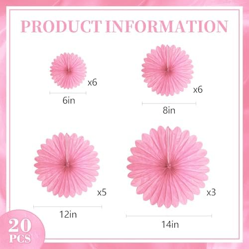 20 Pcs Pink Hanging Paper Fan, Hanging Honeycomb Round Paper Fans for Weddings, Birthdays, Valentine's Day, Baby Showers, Classroom, Events Ceiling Party Supplies Decorations