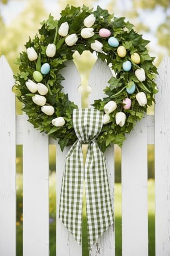 2 Pack Green White Plaid Wreath Sash Front Door Decoration, Blank Sashes Spring St Patrick Wedding Holiday Party Bow Ribbon Bundle Indoor Outdoor Farmhouse