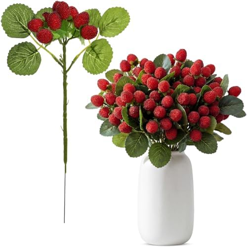 Hoteam 10 Pcs Artificial Raspberries Stems 11 Inch with Leaves, Red