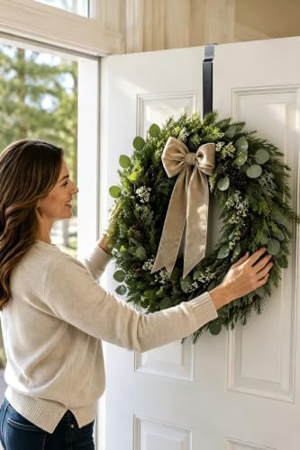 Sattiyrch Adjustable Wreath Hanger for Front Door, 14-24 Inch Ultra Thin Hook Heavy Duty Wreath Holder Supports up to 22 lbs,Black