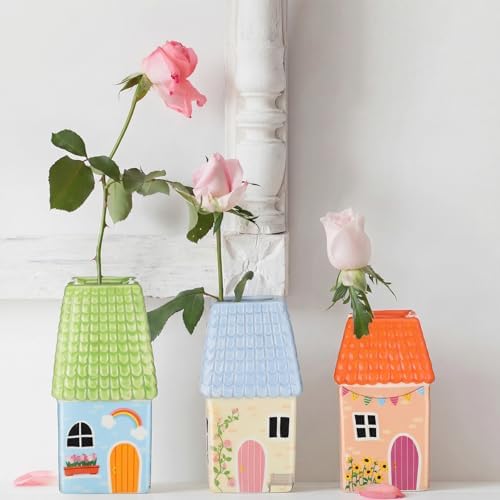 Remerry Mini Ceramic House Shape Vase Decorative Small Bud Vases, Green
