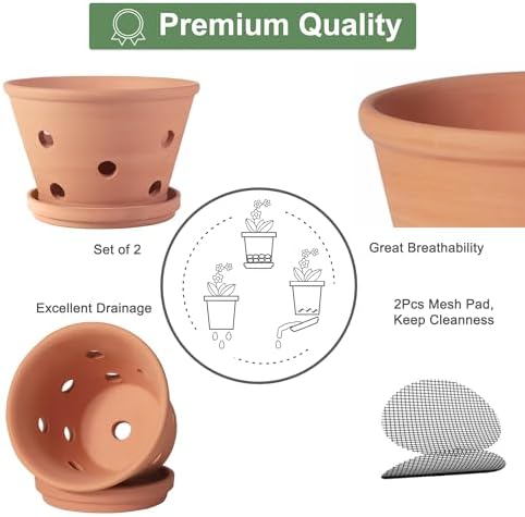 8 inch Terracotta Orchid Pots with Holes and Saucers, 2 Pack Clay Orchid Planter Pots for Repotting, Large Terra Cotta Orchid Pot, Plant Flower Pots for Orchid Indoor Outdoor Promotes Air Circulation