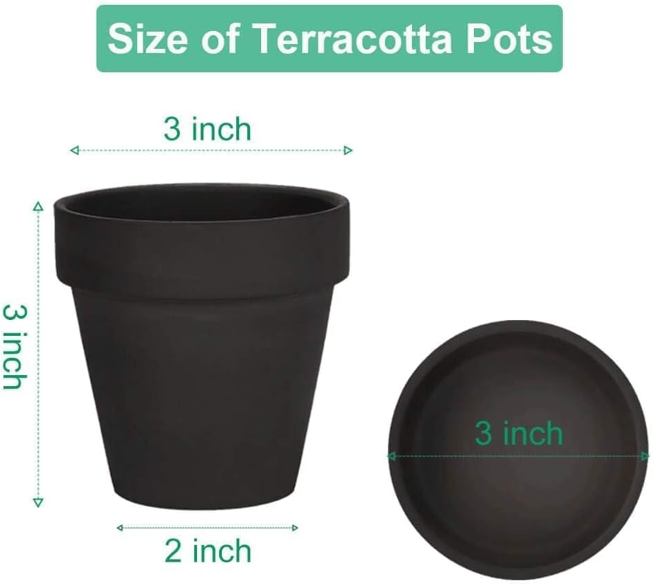 3 Inch Black Terracotta & Clay Pots with Saucer, 12 Pack | Clay Flowerpot with Drainage, Nursery pot for succulents