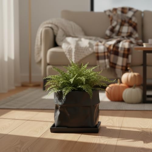 Nihow 8 Inch Ceramic Plant Pot with Drainage & Square Saucer,Black