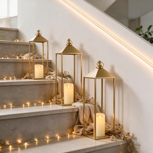3 Pcs Large Gold Decorative Lanterns with Candles, Metal Candle Lantern