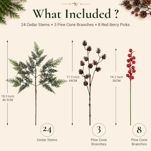 24 Artificial Cedar Stems, 17.5", with 3 Pine Cone Sprays and 8 Berry Picks