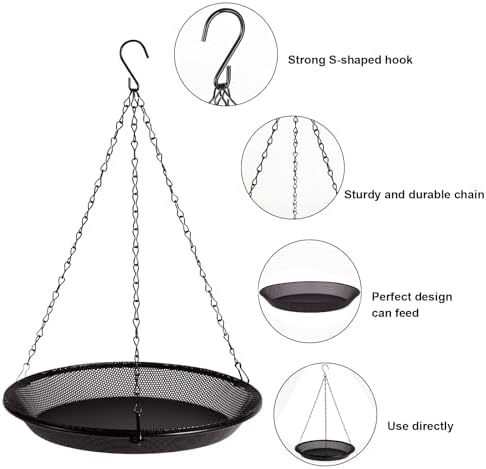 HRAYLTOP Hanging Bird Feeder Bowl with 16.3 inch Iron Hanging Chain Detachable Outdoor Decor for Garden Backyard Patio and Deck - Perfect for Attracting Birds
