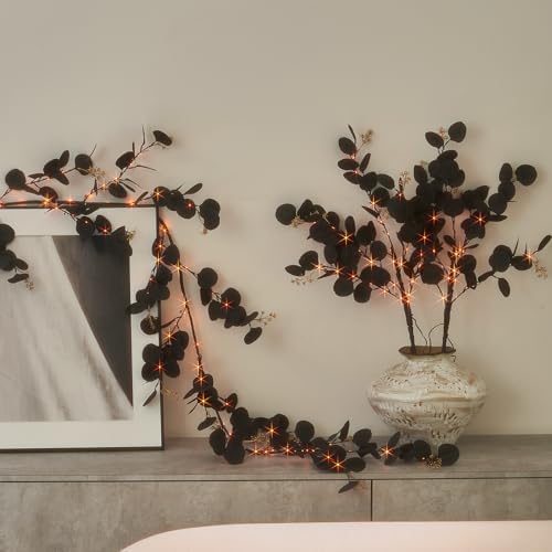Hairui Lighted Black Eucalyptus Branches with Timer 80 LED Orange and Warm White Fairy Lights, Halloween Tree Branches with Lights 32 in with 10 Functions for Home Fall Halloween Decoration