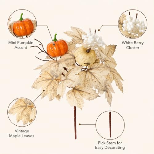 6 Pcs Fall Pumpkin Floral Picks, Artificial Maple Leaf Berry Stems, Thanksgiving Wreath Centerpiece Vase DIY Decorations