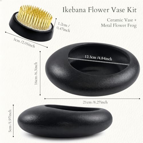 Japanese Flower Frog Vase Set – Minimalist Black Ceramic Flower Vase with Flower Frog, Modern Flower Arrangement Pot for Living Room Decor & Art Supplies, Gift Box for Flower Lover