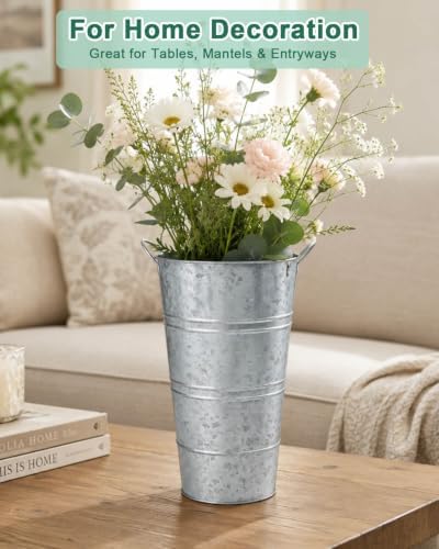 12 Inch Galvanized Metal Vase, 2 Pack Tall Flower Buckets with Handles