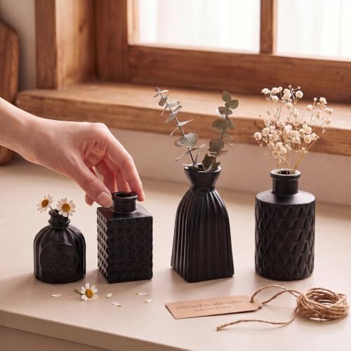 Black Glass Bud Vase Set of 12 Pcs,Small Bud Vases in Bulk,Glass Crystal Flower Vases Table Centerpieces for Party Event Wedding Decor Baby Shower Decorations (Classic Black, 12 Pcs)