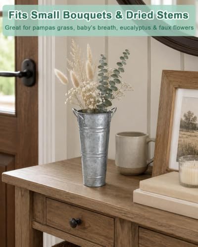 9 Inch Galvanized Flower Bucket, 6 Pack Tabletop Vases for Dried Flowers