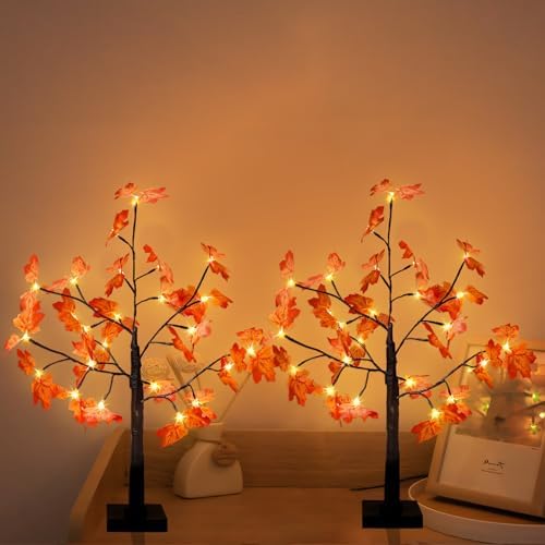 2 Pack 2FT Lighted Maple Tree, Artificial Fall Tree with Timer for Indoor