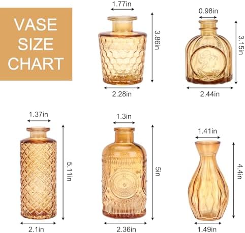 5pcs Amber Glass Bud Vase Set, Gold Small Flower Vases for Centerpieces