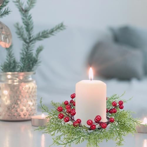 Winlyn 4 Pcs Artificial Cedar and Berry Candle Rings Christmas Candle Holder Wreath Rings Mini Wreaths Ornaments 13.4" Wide for Tabletop Decoration Winter Wedding Christmas Holiday Season