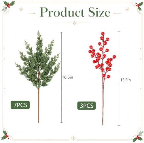 Watayo 10 Pcs 16.5" Christmas Artificial Pine Branches with Red Berry Stems
