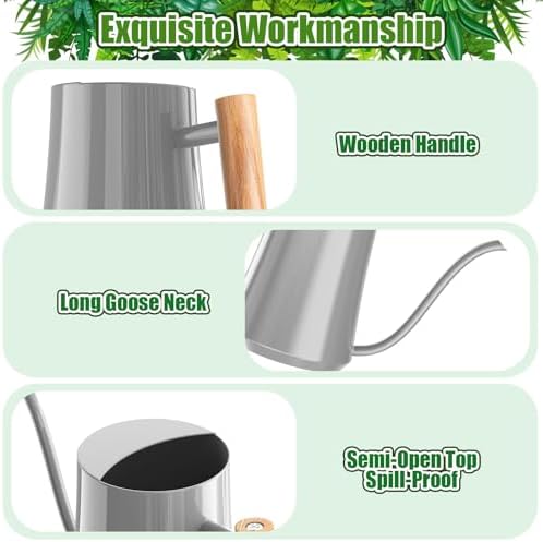 Green Moon 1L/35oz Metal Watering Can Indoor with Long Spout, Gray