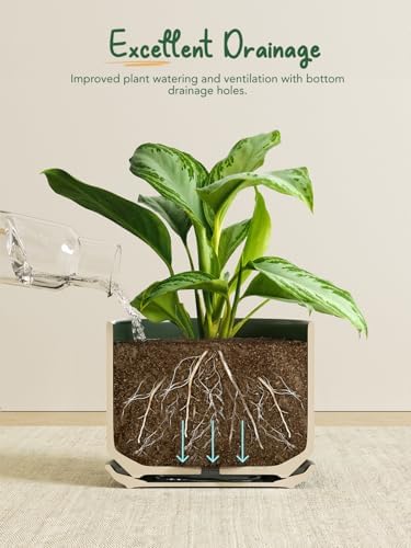 LE TAUCI 12 Inch Pots for Plants, Ceramic Planter with Saucer, Forest Green