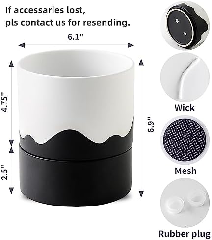 Nihow Ceramic Self Watering Plant Pot for Indoor Plants,6 Inch,White Black
