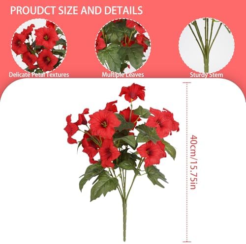 Artificial Flowers for Outdoors, Faux Petunias Spring Summer Decoration, Fake Flowers Plants UV Resistant Look Real Silk Flowers for Outside Planter Front Door Porch Patio Yard (6, Red)