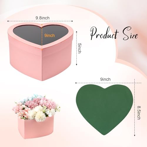 Nuenen Heart Gift Boxes for Her Him with Lid & Floral Foam Set, Grad Flower Gift Box with Clear Cellophane 9.8 x 9 x 5 Inches for Wedding Bridesmaid Birthday(Pink)