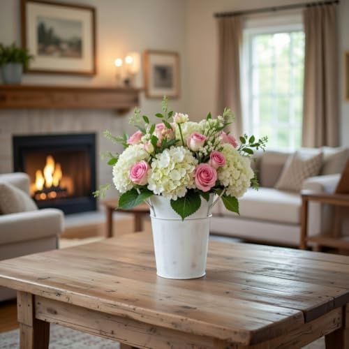 Hosley Set of 2 White Wash Finish Bucket/Pot Vase with PVC Liner, 5" Dia x 7" H Ideal Gift for Floral Arrangements Wedding Home Office Party DIY Indoor Outdoor Garden Patio (Pack of 2)