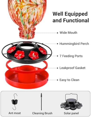 HouseSapp Solar Hummingbird Feeder - 49 fl.oz Hand Blown Glass Color Changing - 7 Feeding Ports with Perch - Never Leak - Perfect Hummingbird Feeder