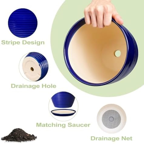 Ceramic Planter Pot - 10 Inch Plant Pot Indoor with Drainage Hole and Saucer Round Planter Large Modern Decorative Flower Pot Outdoor Garden Pot Blue