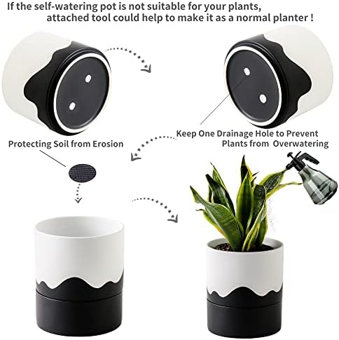 Nihow Ceramic Self Watering Plant Pot for Indoor Plants,6 Inch,White Black