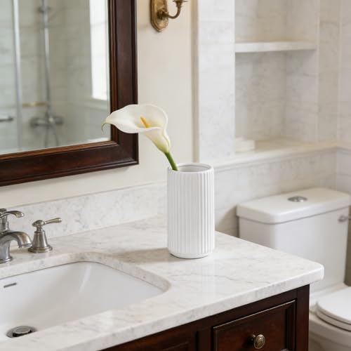 TIMEFOTO White Ceramic Flower Vase for Pampas Grass, 6 inch Small Decorative Centerpiece Ribbed Vase for Dining Table, Office Desktop, Shelf Bookshelf, Mantel, Bathroom, Countertop, Farmhouse, Gift