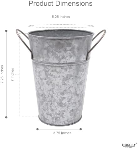 Hosley Set of 2 Galvanized Finish Bucket Vase with PVC Liner 5" Dia x 7" H, Ideal Gift for Floral Arrangements Wedding Home Office Party DIY Indoor Outdoor Garden Patio