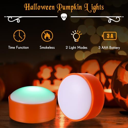 Riakrum 6 Pack Halloween Pumpkin LED Lights, Orang, Green Light