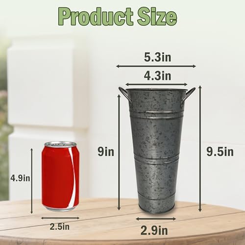9 Inch Black Metal Flower Buckets, Set of 6 - Rustic Vases with Handles