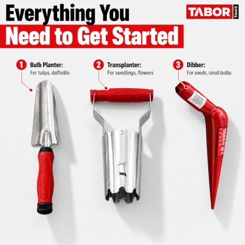 TABOR Tools D123A 3-Piece Bulb Planter Tool Set, Bulb Planter with Depth Marker & Auto Soil Release, Dibber & Transplanter, Garden Hole Digger for Tulip, Daffodil & Flower Bulbs