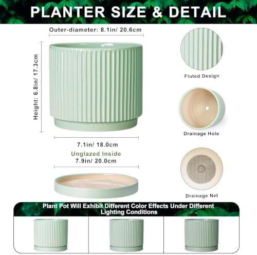 Ceramic Plant Pots, 8 Inch Pots for Plants with Saucer, Mint Green
