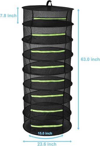 Herb Drying Rack Hanging 8 Layer, 2ft Collapsible Herb Dryer Mesh with Zipper, Garden Gloves, Hook, Plant Net Dry Rack for Drying Seeds, Buds, Grass, Hydroponic Plants for Outdoor Harvest 24"D x 63"H