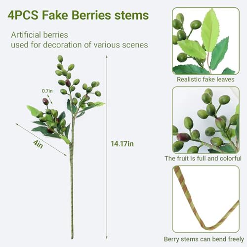 4PCS Artificial Greenery Faux Olive Berry Stems Fake Berries Branches Artificial Green Olive Branches Fake Berry Stems Decorations Fruits for Christmas Vase Filling Home Garden Wreath Decor(Green)