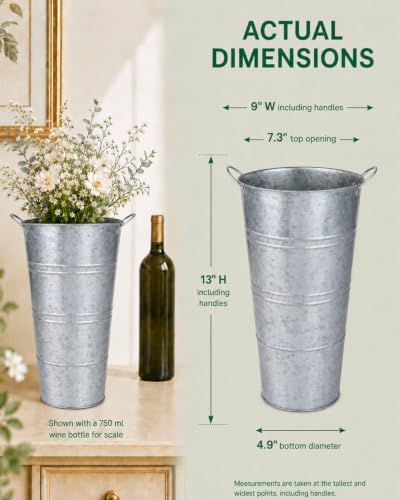 12 Inch Galvanized Metal Vase, 2 Pack Tall Flower Buckets with Handles