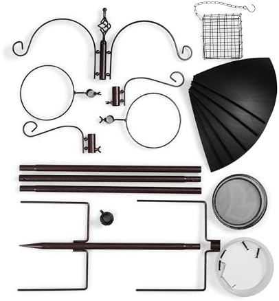 Backyard Expressions Heavy Duty Bird Feeding Station Kit w/Squirrel Baffle - 90" Bird Feeder Pole with 5 Prong Base, Suet Feeder, Mesh Feeding Tray, 4 Feeder Hooks, Water Dish - Black w/Gold Fleck