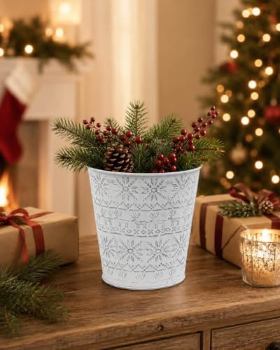 White Christmas Metal Buckets, 4 Pack Galvanized Planter Pots Holiday Decor