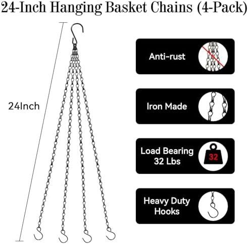 ZeeDix 4 Pack, 24 Inch Hanging Basket Chain with 4 Hooks