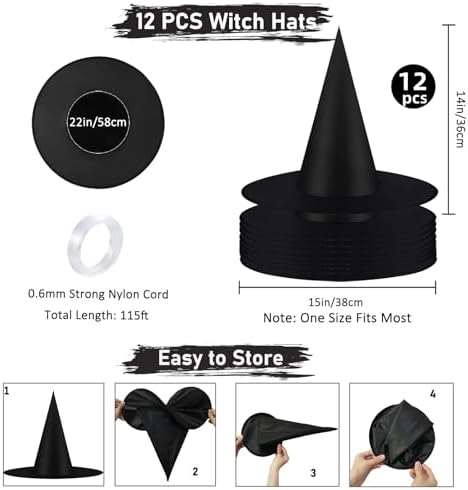 12 Pcs Halloween Decorations 15" Floating Witch Hats Wiches Hanging Decor