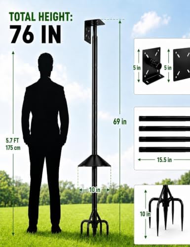 Bird Feeder Pole, 76Inch Heavy Duty Stand with 1-Inch Diameter, Outdoor Bird House Pole Mount for Hanging Feeders (Black, with Squirrel Baffle) (76in-Pole with Baffle)