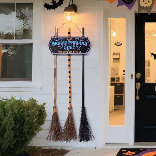 JOYIN Halloween Broom Parking Sign with 3pcs Wooden Witches Brooms, Halloween Decorations Outdoor, Wooden Warning Sign for Front Porch Wall Decor Home Office Indoor