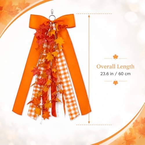Fall Wreath Sash Front Door Ribbon Bow Large Orange Gingham Autumn Maple Leaves Thanksgiving Porch Decoration Streamer Hanging