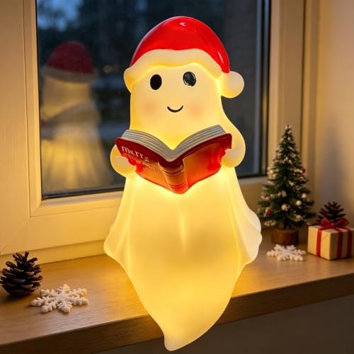 Christmas Reading Ghost Figurine Xmas Hat Spooky Glow in the Dark Statues