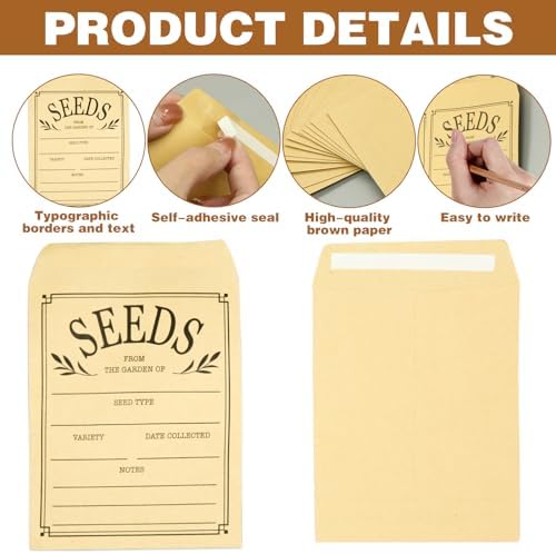 200Pcs Seed Envelopes, Seed Envelope Resealable Small Packets Brown Paper Seeds Envelopes with Printing, 3.1x4.7 Inch for Collection Flowers Seeds