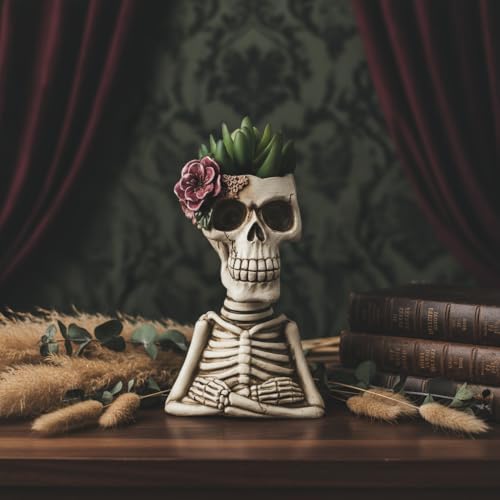 Skull Fake Plants Statue Decorations, Planter Pots with Artificial Succulents, Faux Indoor Plants for Home Decor, Desk Ornament, Handmade Resin Skeleton Statue, Unique for Women